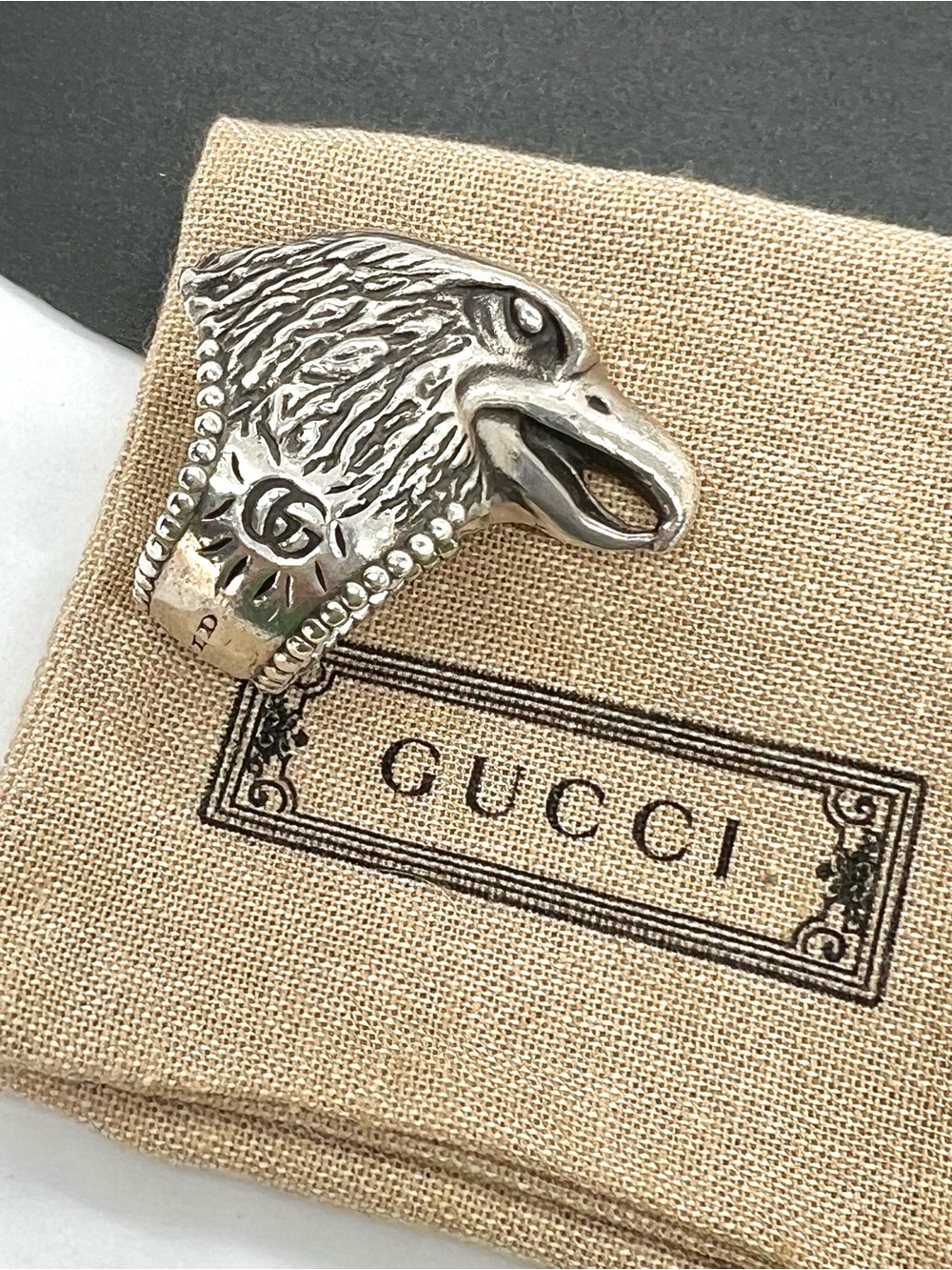 Authentic Gucci Anger Forest Eagle Head Sterling Silver Ring Size 8 WITH COA